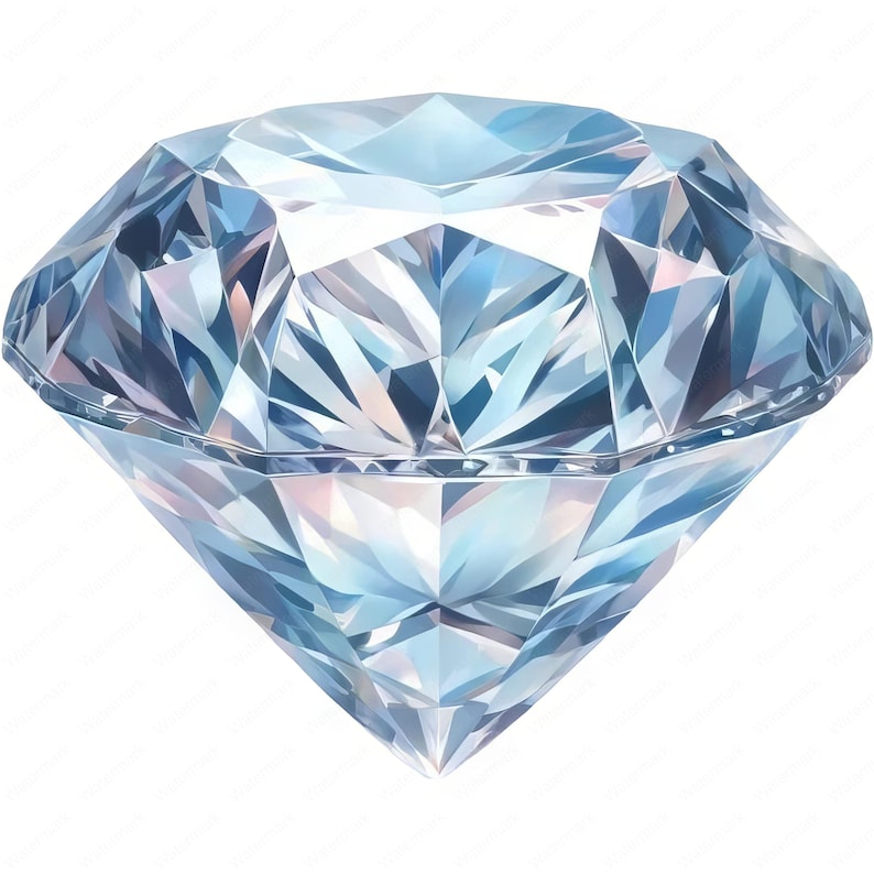May include: A large, clear, faceted diamond with a blue hue. The diamond is cut in a traditional round brilliant shape.
