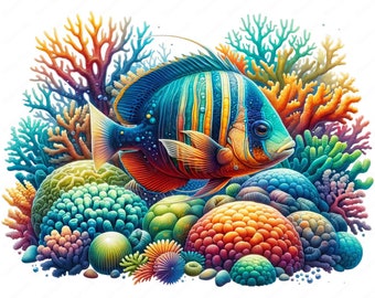 Paquete de imágenes prediseñadas de peces marinos vibrantes / Arte marino (descarga digital)