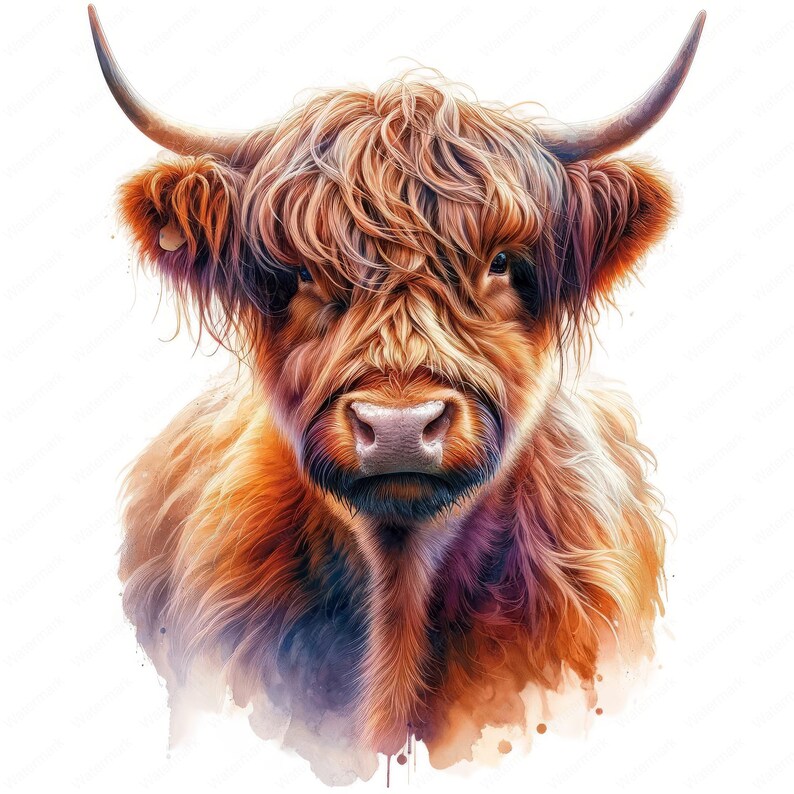 May include: A close-up portrait of a Highland cow with long, reddish-brown fur and a white patch on its forehead. The cow has large, dark eyes and a gentle expression. The background is a soft, watercolor wash of blue and pink.