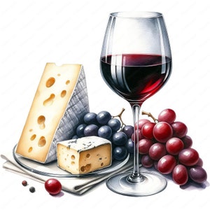 Clipart wijn kaas koppelen | Gastronomische wijn- en kaasclipartbundel | 10 hoogwaardige ontwerpen | Culinaire kunst | Afdrukbare items | Commercieel gebruik