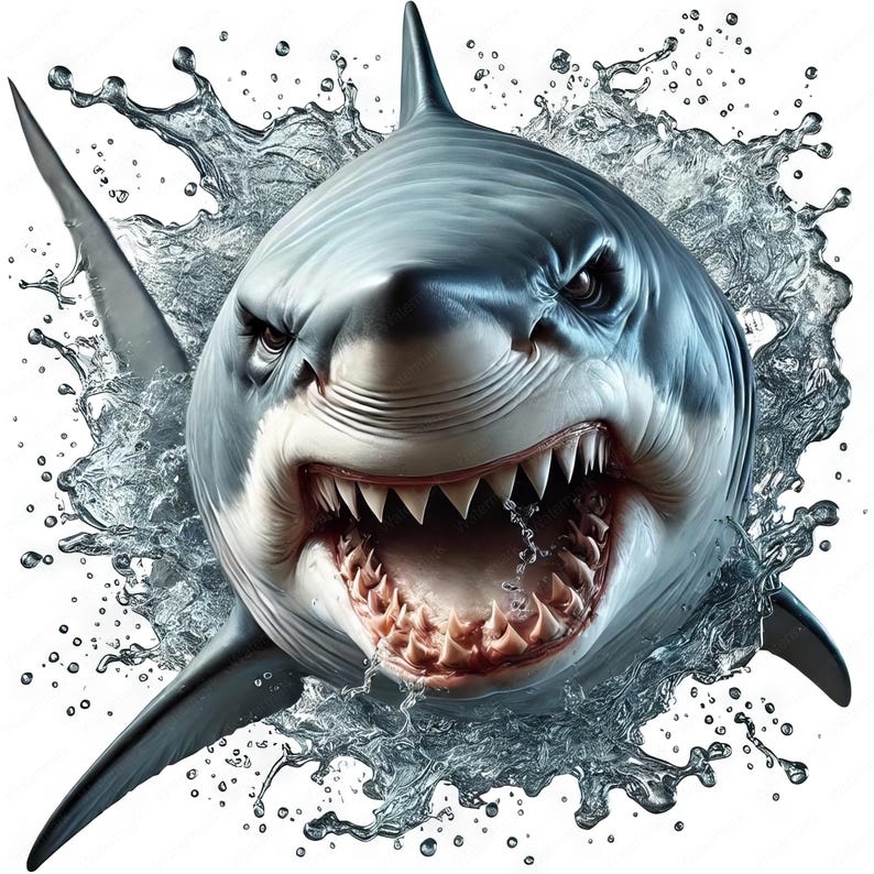 May include: A close-up of a great white shark with its mouth open, showing sharp teeth. The shark is surrounded by water splashing in all directions.