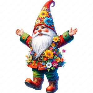 May include: A cheerful gnome with a red hat and a white beard, wearing a red and green jacket covered in colorful flowers. The gnome is smiling and has its arms outstretched.
