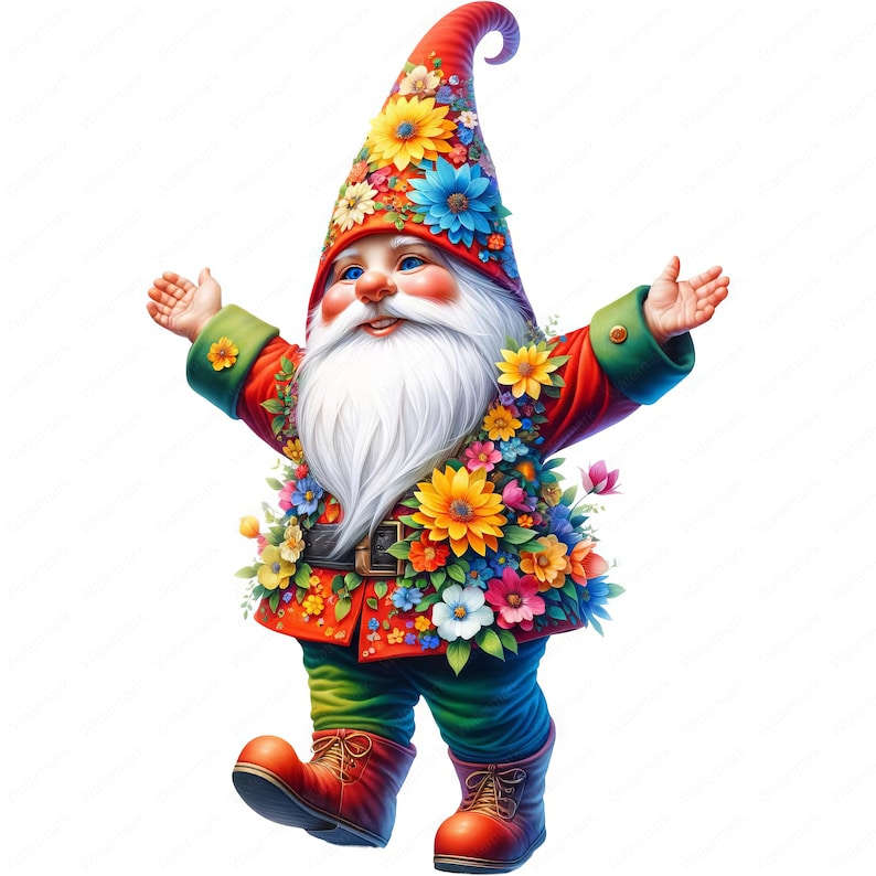 May include: A cheerful gnome with a red hat and a white beard, wearing a red and green jacket covered in colorful flowers. The gnome is smiling and has its arms outstretched.