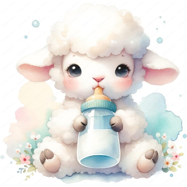 May include: A cute white lamb with big eyes is drinking from a blue baby bottle with a yellow nipple. The lamb is sitting on a white background with watercolor flowers.