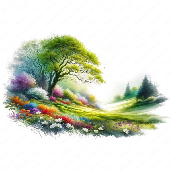 Spring Landscape Clipart | Vibrant Spring Landscape Clipart Bundle | 10 High-Quality Images | Nature Art | Printables | Commercial Use