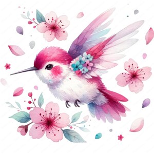 May include: A watercolor painting of a pink hummingbird with blue flowers on its head, flying near pink cherry blossoms.