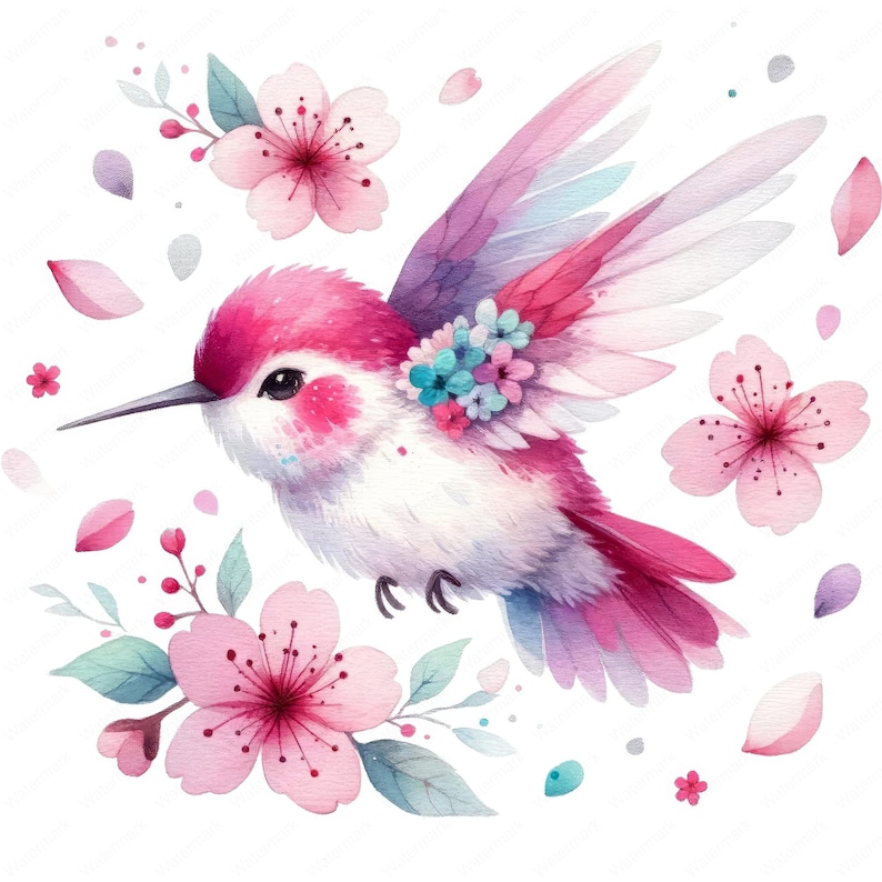 May include: A watercolor painting of a pink hummingbird with blue flowers on its head, flying near pink cherry blossoms.
