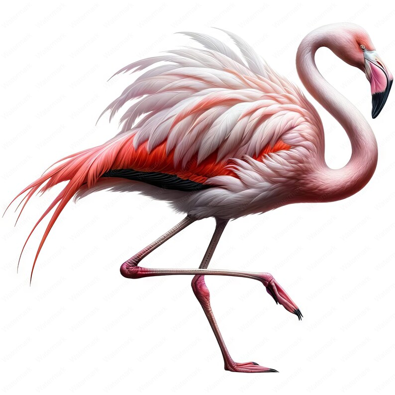 K&ouml;nnte beinhalten: Ein rosafarbener Flamingo mit wei&szlig;en Federn steht auf einem Bein, sein Hals ist S-f&ouml;rmig gebogen. Der Kopf des Vogels ist zur Seite gedreht, und sein Schnabel ist geschlossen. Der K&ouml;rper des Flamingos ist leuchtend rosa, mit wei&szlig;en Federn auf R&uuml;cken und Fl&uuml;geln. Die Beine des Vogels sind lang und schlank, und seine F&uuml;&szlig;e sind klein.