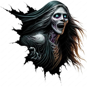 May include: A ghostly figure with long black hair and a tattered robe emerges from a dark, ripped hole in a white background. The figure has glowing blue eyes and a wide, open mouth, revealing sharp teeth.