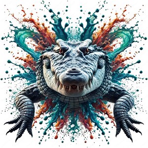 May include: A close-up of an alligator's head with a colorful paint splatter background. The alligator has a toothy grin and is surrounded by splashes of blue, green, orange, and red paint.
