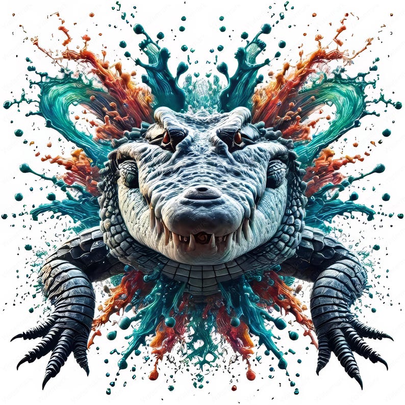 May include: A close-up of an alligator's head with a colorful paint splatter background. The alligator has a toothy grin and is surrounded by splashes of blue, green, orange, and red paint.