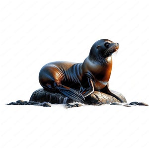 May include: A brown and black sea lion with a wet, shiny coat is resting on a rock with its head turned to the right. The sea lion is surrounded by water and rocks.