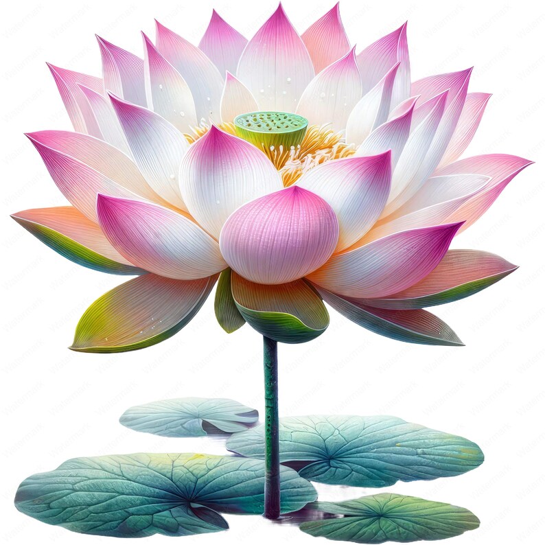 May include: A pink and white lotus flower with a green center, blooming on a stem with green leaves.