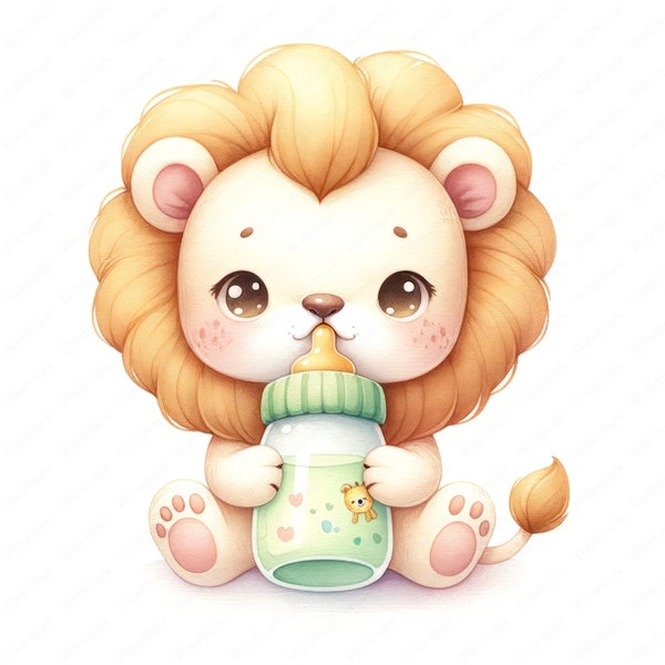 Baby Lion with Baby Bottle Clipart | 10 High-Quality Images | Nursery Decor | Baby Shower | Digital Prints | Commercial Use