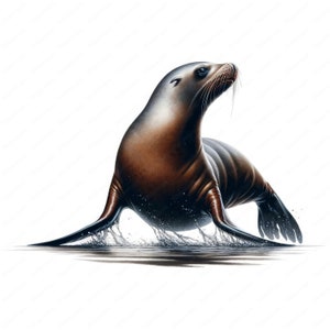 May include: A brown and black sea lion with a white background. The sea lion is emerging from the water and has its head turned to the right. The sea lion is in a playful pose with its front flippers raised.