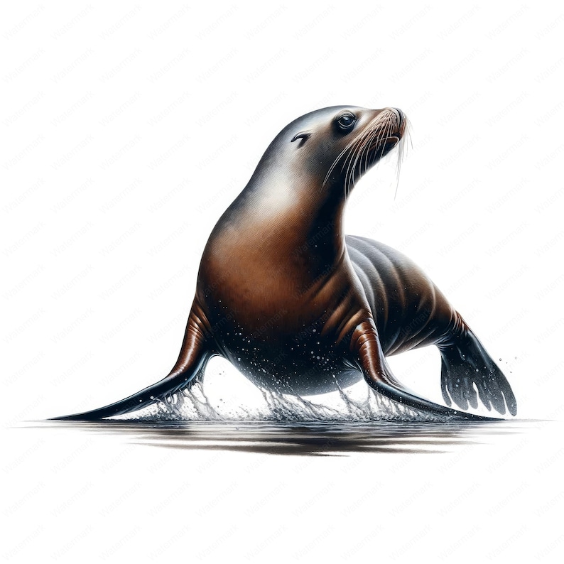 May include: A brown and black sea lion with a white background. The sea lion is emerging from the water and has its head turned to the right. The sea lion is in a playful pose with its front flippers raised.