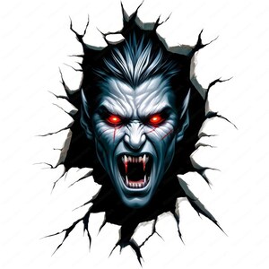 Puede incluir: Una ilustraci&oacute;n digital de un vampiro con ojos rojos brillantes y colmillos, emergiendo de una pared agrietada.