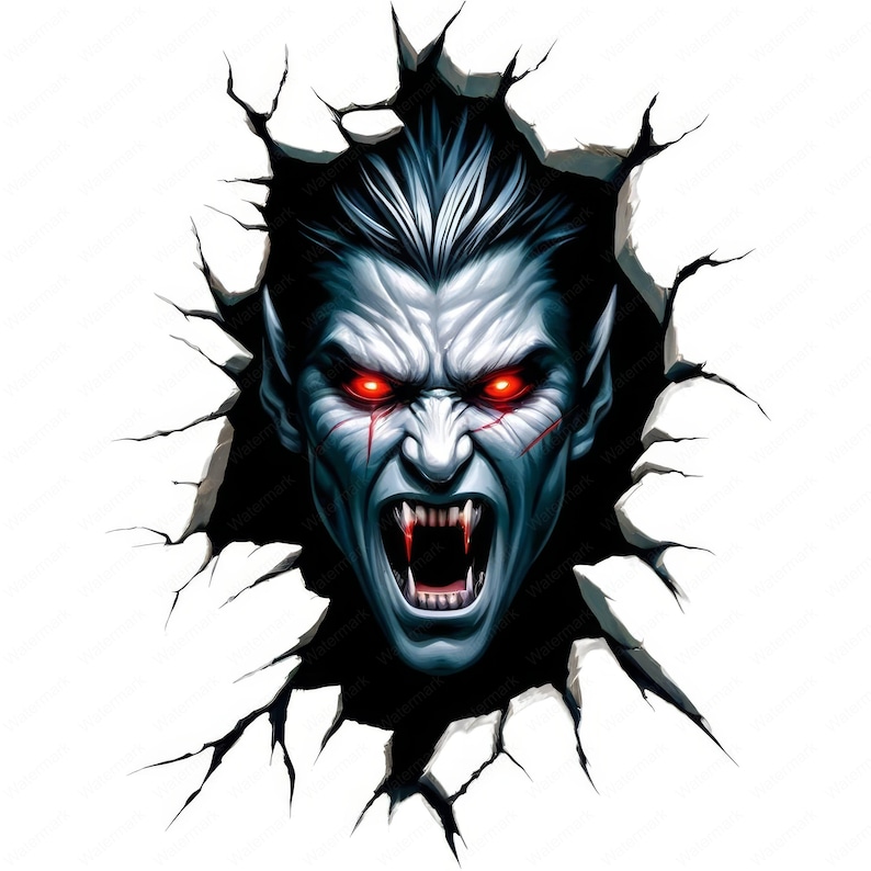 Puede incluir: Una ilustraci&oacute;n digital de un vampiro con ojos rojos brillantes y colmillos, emergiendo de una pared agrietada.