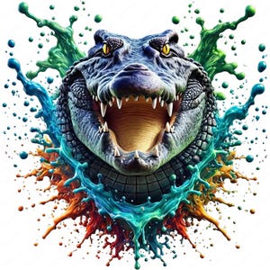 May include: A close-up of a crocodile's head with its mouth open, showing sharp teeth. The crocodile is surrounded by colorful paint splatters.