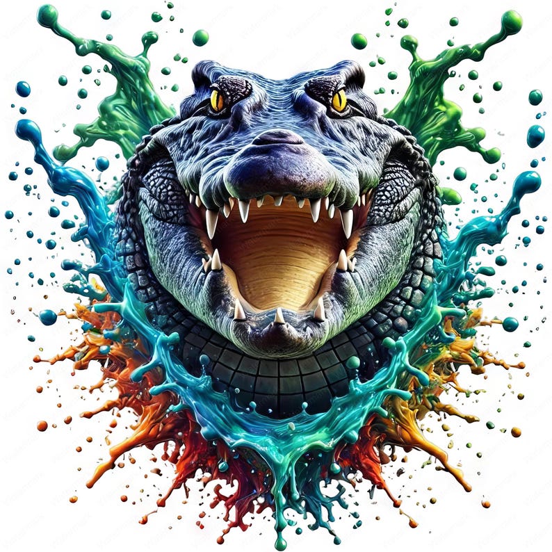 May include: A close-up of a crocodile's head with its mouth open, showing sharp teeth. The crocodile is surrounded by colorful paint splatters.