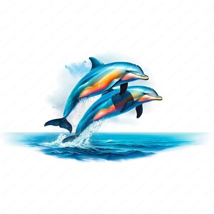 Puede incluir: Dos delfines azules saltan fuera del agua, sus cuerpos arqueados en el aire. El delf&iacute;n de delante tiene una franja naranja y amarilla brillante en un lado. El agua es de un azul profundo y el fondo es blanco.
