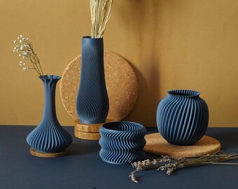 Blue WAVY - Ensemble de 4 Vases - imprimés en 3D - objets design uniques - parfaits pour vos plantes et fleurs