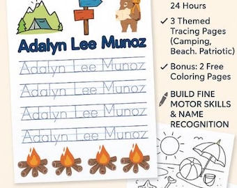 Custom Name Tracing Worksheets: Preschool Printable, Camping & Beach Themes (PDF Download