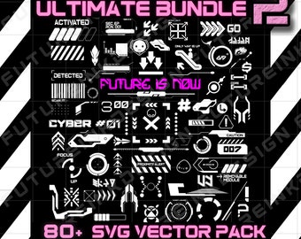 May include: A black and white graphic design featuring a collection of futuristic vector elements. The design includes text that reads "ULTIMATE BUNDLE," "FUTURE IS NOW," and "80+ SVG VECTOR PACK." The elements are in white and pink.