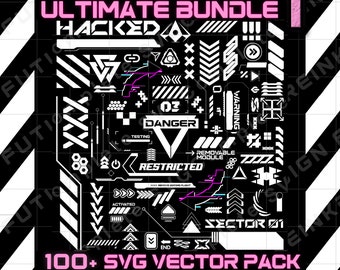 May include: A black and white graphic design pack with over 100 SVG vector elements. The pack includes a variety of futuristic and cyberpunk-inspired designs, such as arrows, lines, and text. The text on the image reads "Ultimate Bundle 1 Hacked!!!" and "100+ SVG Vector Pack".