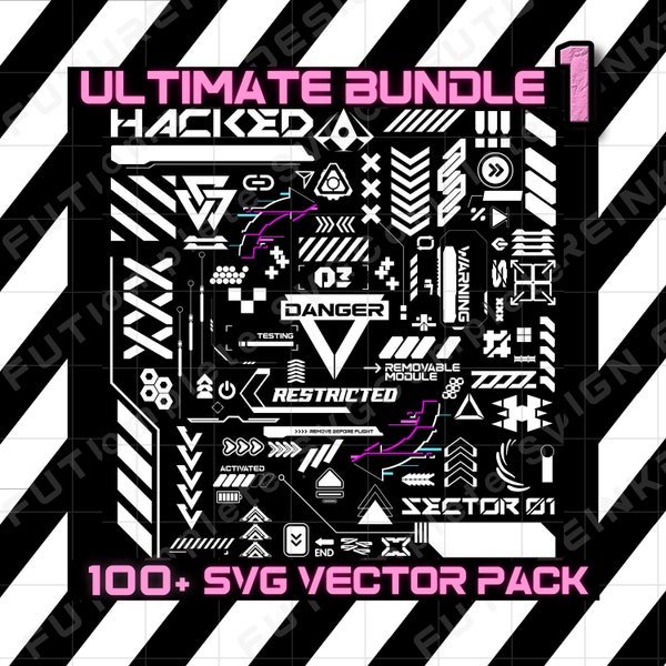 100+ sci-fi SVG vector ultieme bundel 1 sci fi SVG pictogrammen stickers Pack Techwear SVG futuristische vectorelementen cosplay SVG Cuberpunk SVG