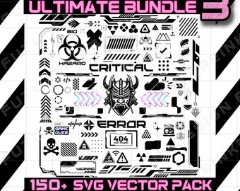 May include: A black and white graphic design vector pack with over 150 elements. The pack includes icons, symbols, and text elements with a futuristic, cyberpunk aesthetic. The text "ULTIMATE BUNDLE 3" is at the top of the image.