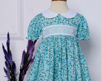 Blue and White Floral Girl's Smocked Dress with White Collar