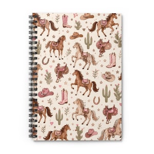 May include: Spiral-bound notebook featuring a repeating pattern of horses, cowboy boots, hats, saddles, cacti, horseshoes, and stars in shades of brown, pink, and green on a cream background. The notebook's spiral binding is black.