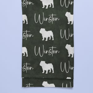 Dark green English Bulldog blanket with white english bulldog silhouettes and custom name, personalized dog lover throw blanket in premium fleece.
