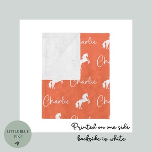 Pu&ograve; includere: Una coperta arancione con un motivo di cavalli bianchi e il nome "Charlie" in corsivo. Il lato inferiore della coperta &egrave; bianco e soffice. &Egrave; visibile anche il testo "Printed on one side, backside is white".