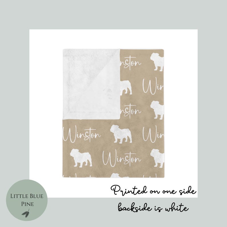 Beige personalized English Bulldog blanket with white reverse side, featuring custom name and english bulldog silhouettes, printed on one side only.