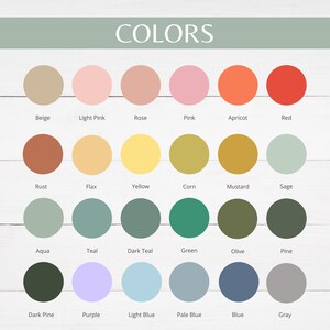 Peut inclure: Un nuancier de couleurs avec le mot "COLORS" en haut. Le tableau affiche 24 &eacute;chantillons de couleurs dans une vari&eacute;t&eacute; de nuances, dont le beige, le rose, le jaune, le vert et le bleu. Chaque couleur a un nom correspondant en dessous.
