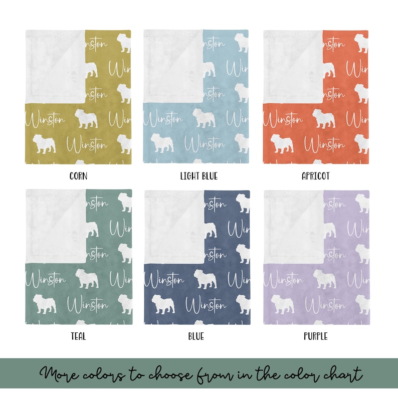 English Bulldog blanket color options in corn, light blue, apricot, teal, blue, and purple, all with white silhouettes and name text.