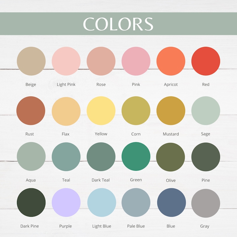 Pu&ograve; includere: Una tabella di colori con la parola "COLORS" in alto. Il grafico mostra 24 campioni di colore in una variet&agrave; di tonalit&agrave;, tra cui beige, rosa, giallo, verde e blu. Ogni colore &egrave; etichettato con il suo nome.