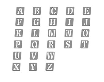 May include: A set of 26 gray plastic stencils with white letters of the alphabet, A through Z.