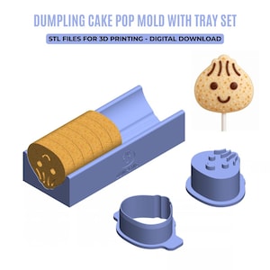 Op de afbeelding: Een blauwe dumpling cake pop vorm en dienbladset voor 3D-printen, inclusief een lange tray, twee ronde uitsteekvormen en een afgewerkte dumpling-vormige cake pop op een stokje. Tekst: DUMPLING CAKE POP MOLD WITH TRAY SET, STL FILES FOR 3D PRINTING.