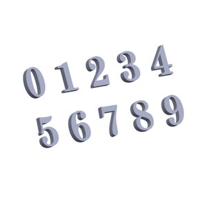 May include: A set of ten gray, 3D plastic numbers, 0 through 9, arranged in a scattered pattern on a white background.