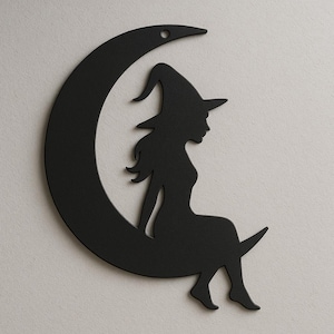 Crescent Moon Witch Silhouette DXF SVG | Halloween Wall Decor Laser Cut File | Gothic Metal Wood Acrylic Ornament | Halloween Dxf Svg Files