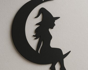Crescent Moon Witch Silhouette DXF SVG | Halloween Wall Decor Laser Cut File | Gothic Metal Wood Acrylic Ornament | Halloween Dxf Svg Files
