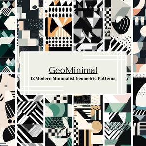 May include: A set of 12 modern minimalist geometric patterns in black, white, and green. The patterns are arranged in a grid and feature a variety of shapes, including circles, squares, triangles, and lines. The text "GeoMinimal 12 Modern Minimalist Geometric Patterns" is displayed in the center of the image.