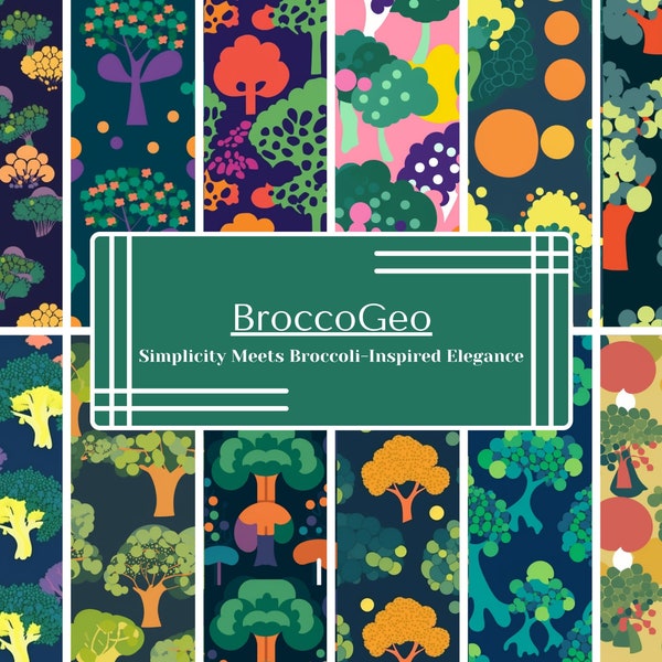BroccoGeo - 12 Geometric Broccoli Seamless Patterns - Minimalist Digital Designs - DIY Projects, Home Decor, Crafts - Instant Download