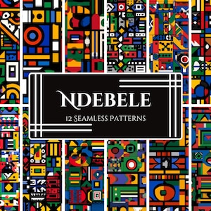 May include: A collection of 12 seamless patterns with a vibrant geometric design. The patterns feature a variety of shapes and colors, including red, yellow, blue, and green. The word "NDEBELE" is displayed in a black rectangle.