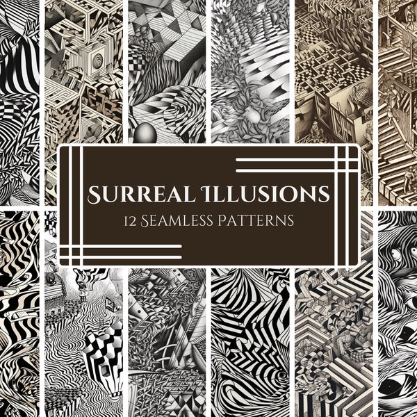 Surreal Illusions: 12 Seamless Digital Patterns Inspired by Escher and Optical Art, Ideal for Scrapbooking, DIY Projects, Web Design & More