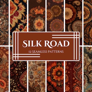 May include: A collection of 12 seamless patterns with intricate floral and paisley designs in shades of orange, brown, and gold. The patterns are displayed in vertical panels, with the text "SILK ROAD" and "12 SEAMLESS PATTERNS" in a brown rectangle.