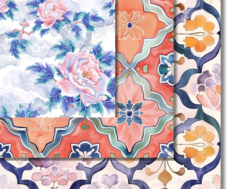 Kap Pattern Watercolor Dancheong Pattern Pack: Korean Floral Designs (PNG Digital ...